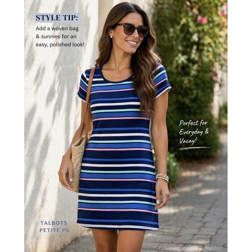 NWT's T by Talbots Petite S Open Back Striped T-Shirt Dress Navy Multicolor